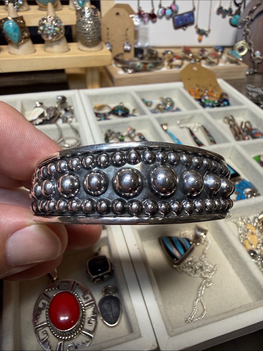 Sterling Silver Beaded Cuff Bracelet - Silver